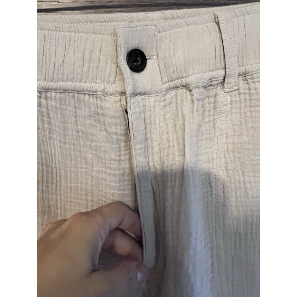 Women Cream Crinckled Cotton Textured Pants Sz Large Elastic Waist Upwest — image 2 of 8
